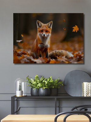 Sonbahar Ormanında Yağlı Boya Görünümlü Tilki Portresi Ev/işyeri/ofis/salon Ahşap Dekoratif Tablo