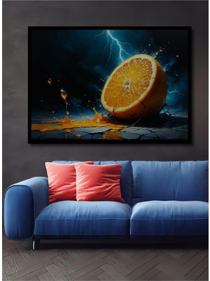 Çerçeve Görünümlü Şimşekli Gökyüzünde Portakal Yağlı Boya Görünümlü Dekoratif Ahşap Ofis Kare Tablo