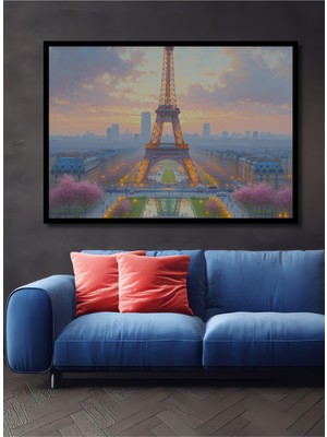 Çerçeve Görünümlü Paris Eyfel Kulesi Romantik Yağlı Boya Görünümlü Ofis Dekoratif Ahşap Kare Tablo