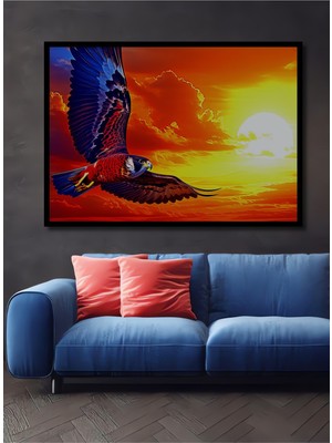 Çerçeve Görünümlü Güneşin Altında Özgürce Uçan Şahin Yağlı Boya Görünümlü Ahşap Ofis Kare Tablo