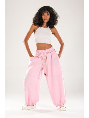 Tasarım Keten Pembe Baggy Pantolon