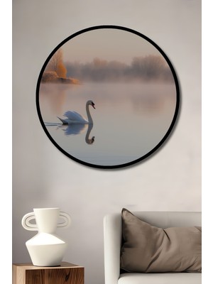 Çerçeve Görünümlü Huzurlu Göl Manzarası ve Kuğu Pastel Boya Görünümlü Ahşap Ofis Yuvarlak Tablo