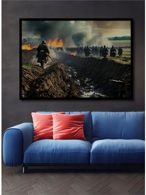 Çerçeve Görünümlü Siperde Yürüyen Askerler Yağlı Boya Görünümlü Dekoratif Ahşap Ofis Kare Tablo