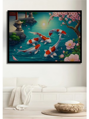 Çerçeve Görünümlü Sulu Boya Görünümlü Koi Balıkları ve Bahar Çiçekleri Ahşap Ofis Kare Tablo