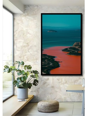 Çerçeve Görünümlü Pembe Deniz ve Mavi Gökyüzü Yağlı Boya Görünümlü Dekoratif Ahşap Ofis Kare Tablo