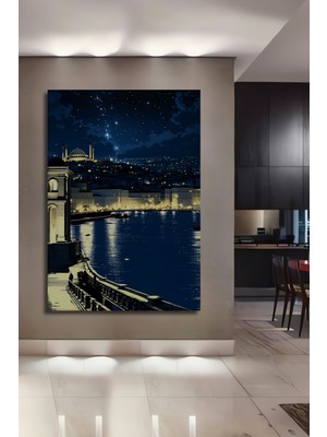 Istanbul Gece Mavi Yıldızlar Dekoratif Ahşap Ev/işyeri/ofis Kare Tablo