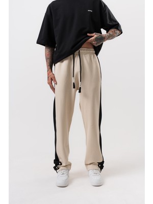 Erkek Paça Detaylı Interlok Baggy Eşofman Altı Bej