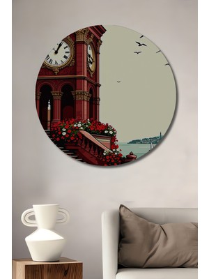 Kırmızı Saat Kulesi Çiçek Bahçesi Manzarası Çizim Ev/işyeri/ofis Dekoratif Ahşap Yuvarlak Tablo