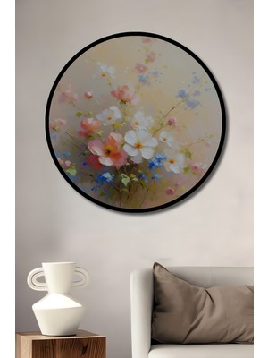 Çerçeve Görünümlü Pastel Renklerde Çiçek Bahçesi Yağlı Boya Görünümlü Ahşap Ofis Yuvarlak Tablo