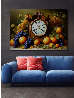 Meyve Şöleni ve Nostaljik Saat Yağlı Boya Görünümlü Dekoratif Ahşap Ev/işyeri/ofis Kare Tablo