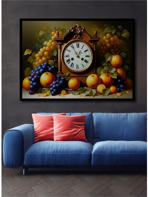 Çerçeve Görünümlü Meyve Şöleni ve Nostaljik Saat Yağlı Boya Görünümlü Ahşap Ofis Kare Tablo