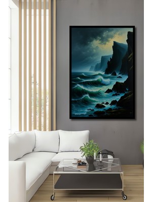 Çerçeve Görünümlü Turkuaz Dalgalar ve Kayalıklar Yağlı Boya Görünümlü Ahşap Ofis Kare Tablo