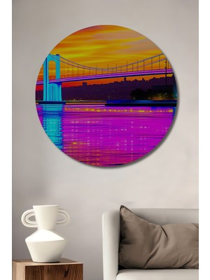 Neon Işıklar Altında Köprü Manzarası Yağlı Boya Görünümlü Dekoratif Ahşap Ev/işyeri/ofis Tablo