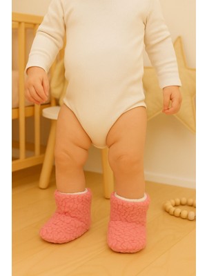 Bebek & Çocuk Kaydırmaz Tabanlı Ev Botu / Panduf / Kışlık Peluş Bot Pembe Renk