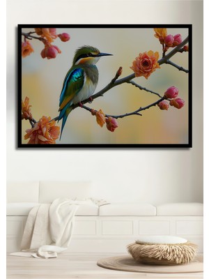 Çerçeve Görünümlü Gökkuşağı Renkli Arı Kuşu ve Çiçekler Yağlı Boya Görünümlü Ahşap Ofis Tablo