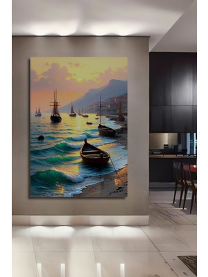 Altın Işıklar Altında Deniz Manzarası Yağlı Boya Görünümlü Dekoratif Ahşap Ev/işyeri/ofis Tablo