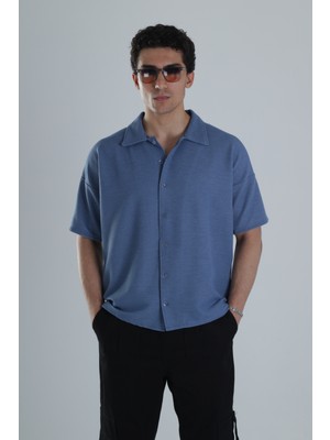 Erkek Mavi Gofre Gömlek