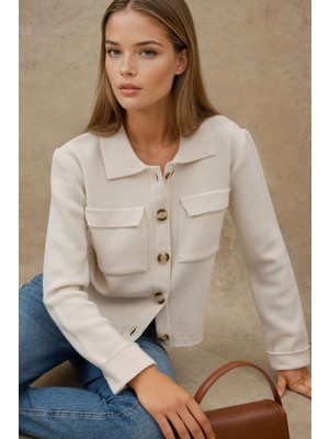 Hiccup Kadın Düğmeli Cep Detaylı Triko Hırka Bej Doğal