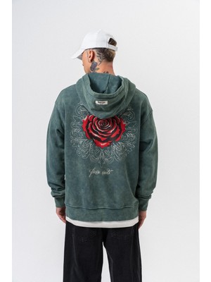 Erkek Fierce Baskılı Yıkamalı Kapüşonlu Oversize Hoodie Yeşil