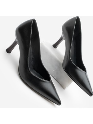 Marjin Kadın Stiletto Sivri Burun Ahşap Desen Ökçe Topuklu Ayakkabı Arset Siyah