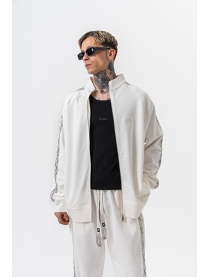 Erkek Damask Şerit Detaylı Dik Yaka Doubleface Zip Oversize Sweatshirt Ekru