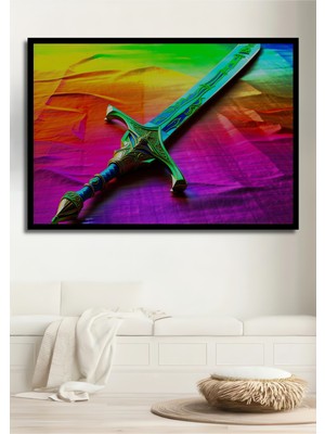 Çerçeve Görünümlü Gökkuşağı Zemin Üzerinde Fantastik Kılıç Yağlı Boya Görünümlü Ahşap Ofis Tablo