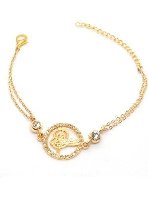Altın Renk Taşlı Tuğra Figürlü Çift Zincirli Bileklik