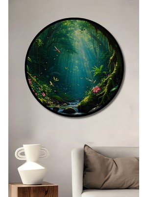 Çerçeve Görünümlü Tropikal Orman Rüyası Sulu Boya Görünümlü Dekoratif Ahşap Ofis Yuvarlak Tablo