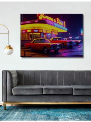 Neon Işıklı Amerikan Diner Nostalji Yağlı Boya Görünümlü Dekoratif Ahşap Ev/işyeri/ofis Kare Tablo