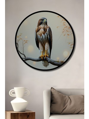 Çerçeve Görünümlü Ağaç Dalında Yağlı Boya Görünümlü Şahin Ofis Dekoratif Ahşap Yuvarlak Tablosu