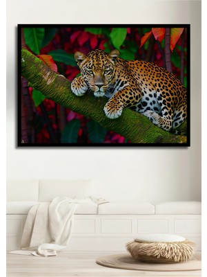 Çerçeve Görünümlü Tropikal Ormanlarda Leopar Yağlı Boya Görünümlü Dekoratif Ahşap Ofis Kare Tablo