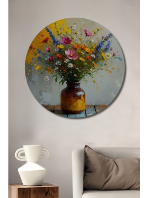 Vazoda Renkli Kır Çiçekleri Yağlı Boya Görünümlü Dekoratif Ahşap Ev/işyeri/ofis Yuvarlak Tablo