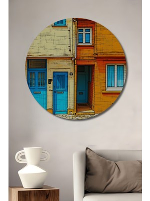 Turkuaz Kapılı Evler Yağlı Boya Görünümlü Dekoratif Ahşap Ev/işyeri/ofis Yuvarlak Tablo