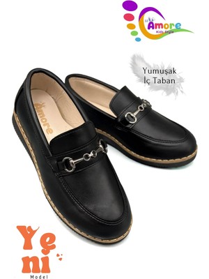 Amore Tokalı Deri Ayakkabı Erkek Çocuk İçin Mat Siyah Suni Deri Kaydırmaz Taban Günlük Kullanım