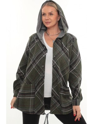 Büyük Beden Rahat Kalıp Kapüşonlu Oduncu Kadın Gömlek Hırka