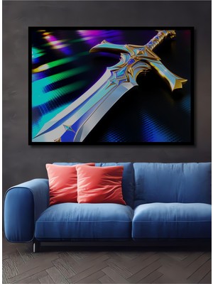 Çerçeve Görünümlü Göz Alıcı Mavi Altın Kılıç Yağlı Boya Görünümlü Dekoratif Ahşap Ofis Kare Tablo