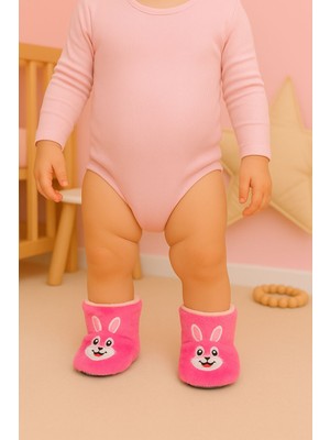 Bebek & Çocuk Kaydırmaz Tabanlı Ev Botu / Panduf / Kışlık Peluş Bot / Tavşan Desenli