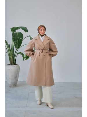 Balon Kol Kemer Detaylı Astarlı Kadın Kaşe Kaban