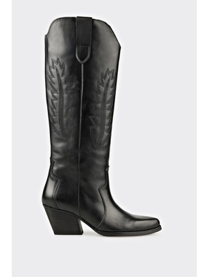 Elle Siyah Deri Kadın Western Çizme Kalın Topuklu Günlük Kullanım İçin Şık Tasarım