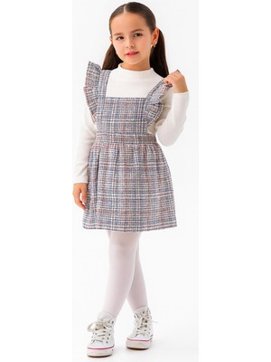 Kız Çocuk Ekose Askılı Elbise Takım – Fırfır Detaylı & Uzun Kollu BLUZ-1570-M