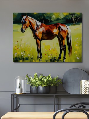 Yağlı Boya Görünümlü At Çiçek Bahçesi Ev/işyeri/ofis Dekoratif Ahşap Kare Tablo