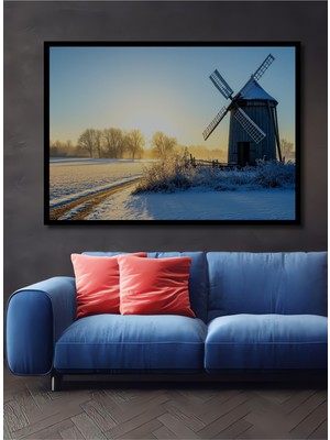 Çerçeve Görünümlü Kış Masalı Yeldeğirmeni Manzarası Yağlı Boya Görünümlü Ahşap Ofis Kare Tablo