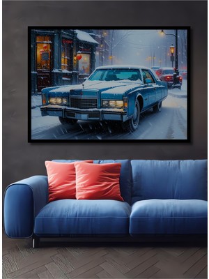 Çerçeve Görünümlü Kış Masalı Cadillac Yağlı Boya Görünümlü Dekoratif Ahşap Işyeri/ofis Kare Tablo
