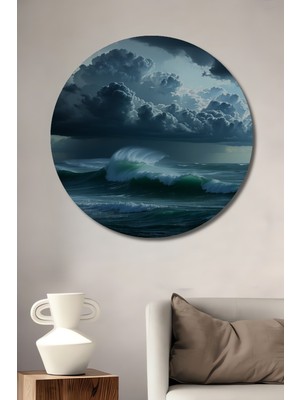 Fırtına Öncesi Deniz Manzarası Yağlı Boya Görünümlü Dekoratif Ahşap Ev/işyeri/ofis Yuvarlak Tablo