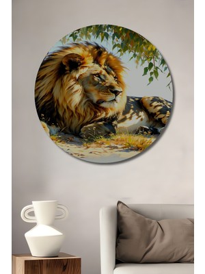 Ağaç Altında Yağlı Boya Görünümlü Aslan Ev/işyeri/ofis Dekoratif Ahşap Yuvarlak Tablosu