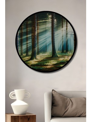 Çerçeve Görünümlü Güneş Işınları Ormanı Yağlı Boya Görünümlü Dekoratif Ahşap Ofis Yuvarlak Tablo