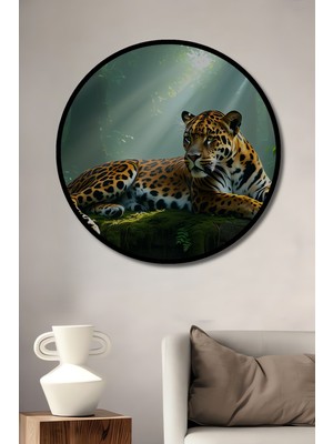 Çerçeve Görünümlü Ormanda Yağlı Boya Görünümlü Jaguar Ev/işyeri/ofis Dekoratif Ahşap Yuvarlak Tablo
