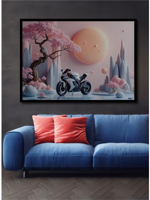 Çerçeve Görünümlü Sakura Ağaçları Arasında Rüya Gibi Motor Yağlı Boya Görünümlü Ahşap Ofis Tablo