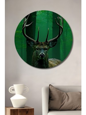 Ormanların Heybetli Geyiği Yağlı Boya Görünümlü Dekoratif Ahşap Ev/işyeri/ofis Yuvarlak Tablo