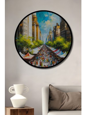 Çerçeve Görünümlü New York Şehir Panayırı Yağlı Boya Görünümlü Dekoratif Ahşap Ofis Yuvarlak Tablo